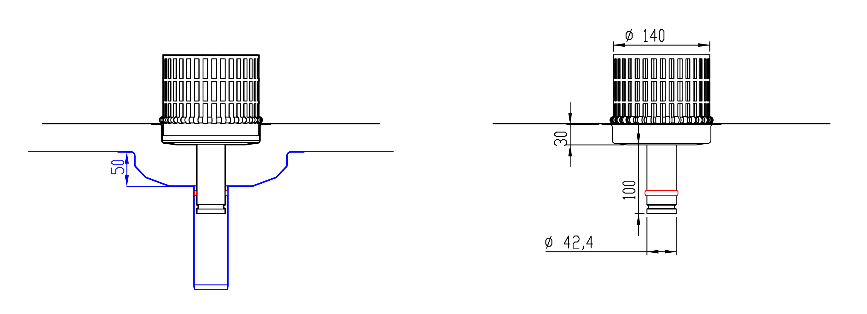Renovation roof drain PK dimensions