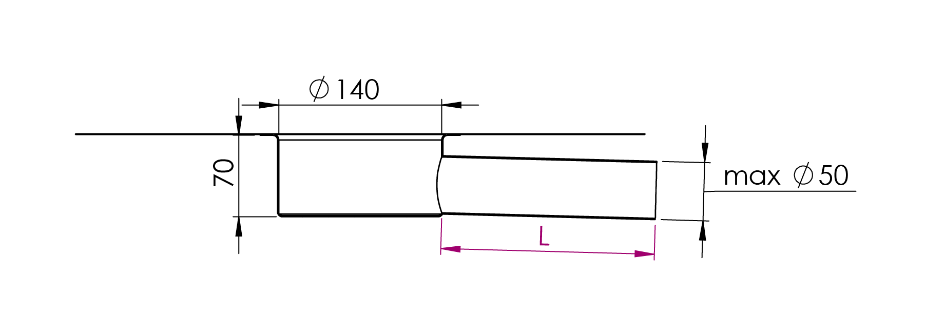 Peltitarvike parvekekaivo PK sivulähtö mittakuva